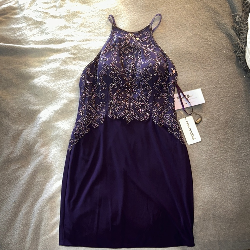 Narianna Purple Embellished Halter Sheath Dress